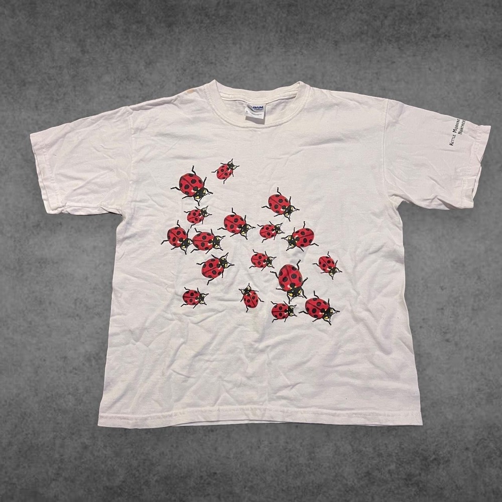 Vintage 90s Ladybug AOP Shirt Gildan White Youth Medium Women XS Streetwear 1997